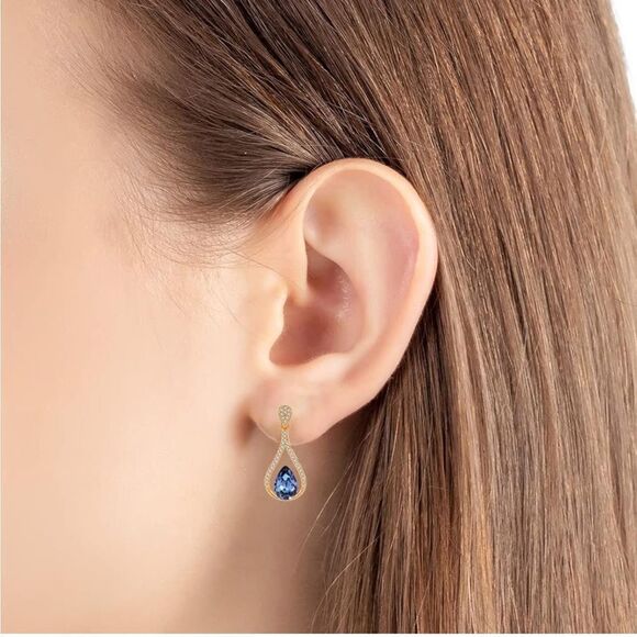 14K Yellow Gold with Blue Sapphire Austrian Crystal Halo Teardrop Post Earrings - Picture 6 of 6